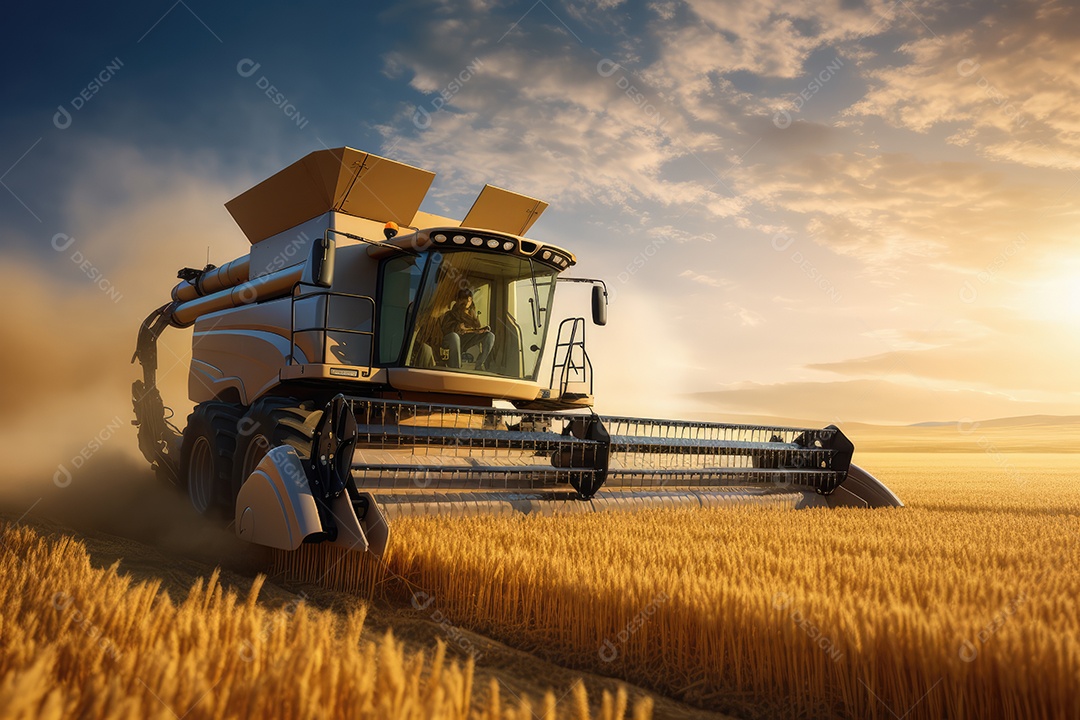 Trator rural de grande potência avançando por plantas de trigo para colheita de alta produtividade.