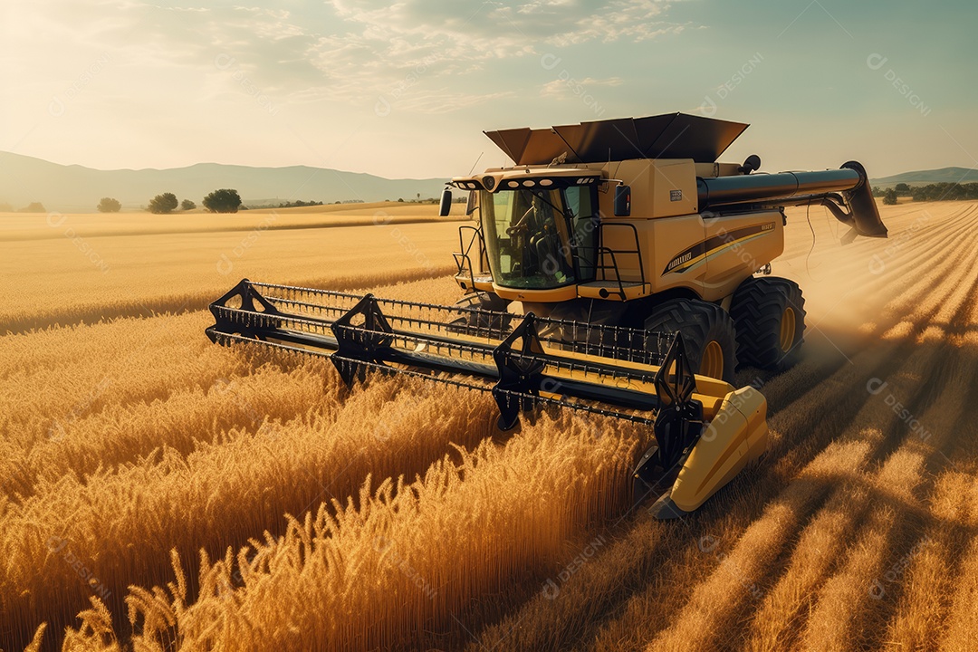 Trator rural de grande potência avançando por plantas de trigo para colheita de alta produtividade.