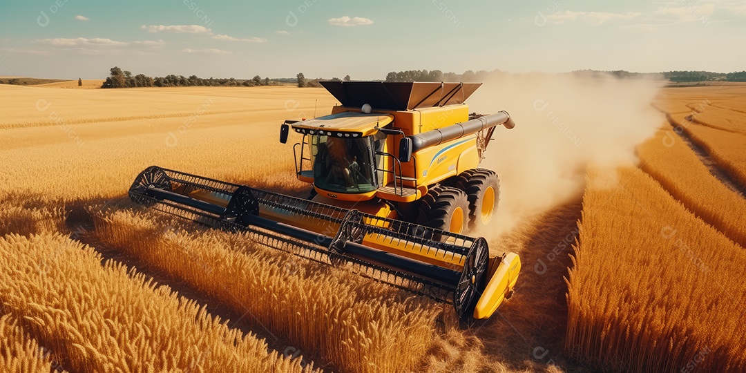 Trator rural de grande potência avançando por plantas de trigo para colheita de alta produtividade.