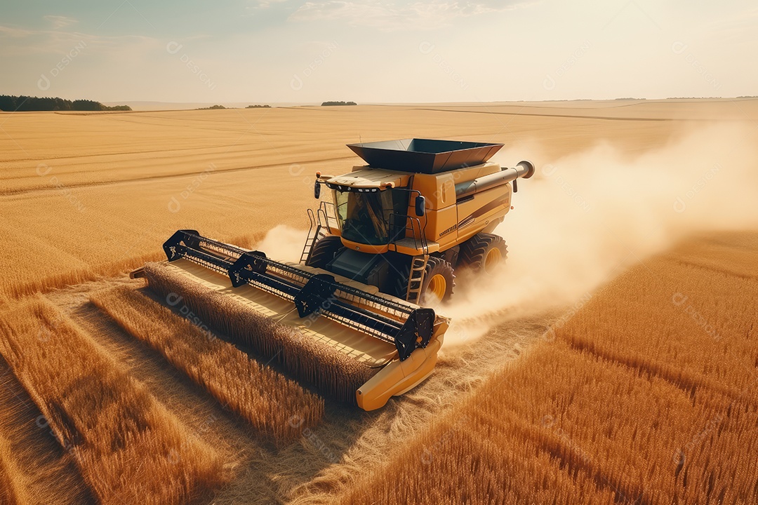 Trator rural de grande potência avançando por plantas de trigo para colheita de alta produtividade