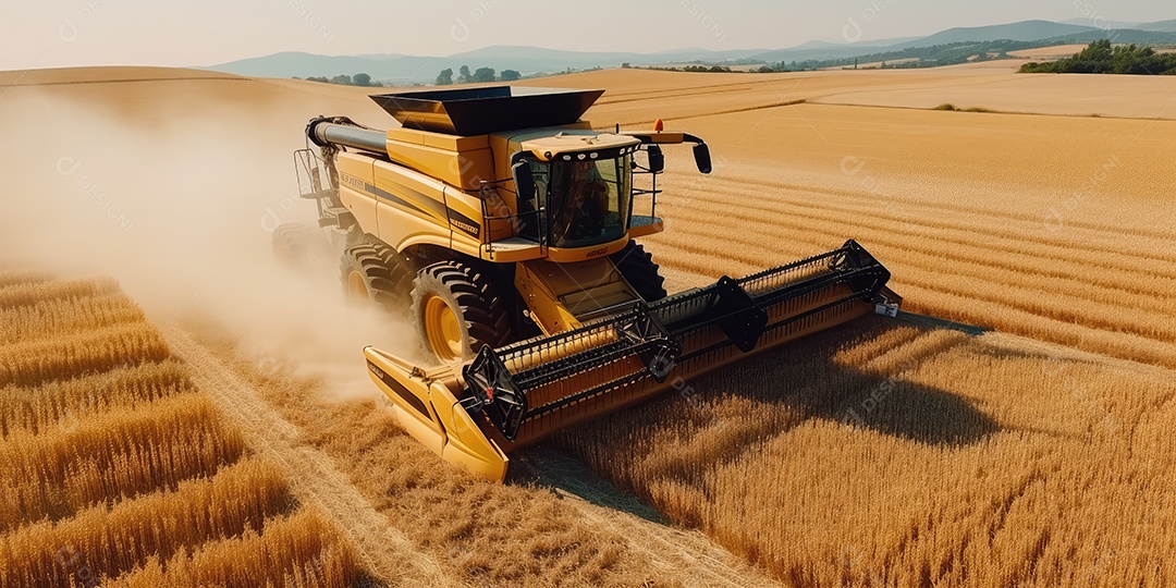 Trator rural de grande potência avançando por plantas de trigo para colheita de alta produtividade