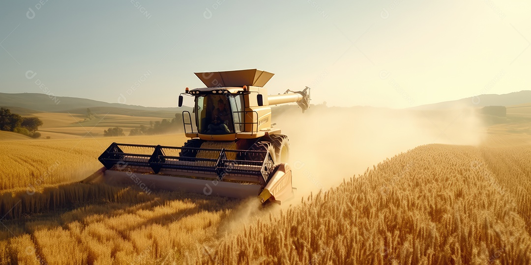 Trator rural de grande potência avançando por plantas de trigo para colheita de alta produtividade