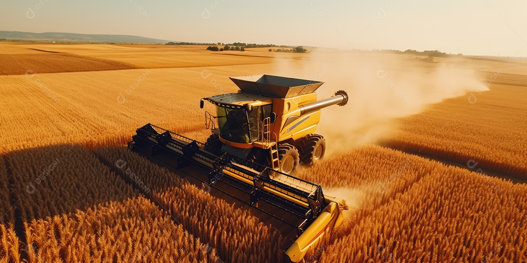 Trator rural de grande potência avançando por plantas de trigo para colheita de alta produtividade