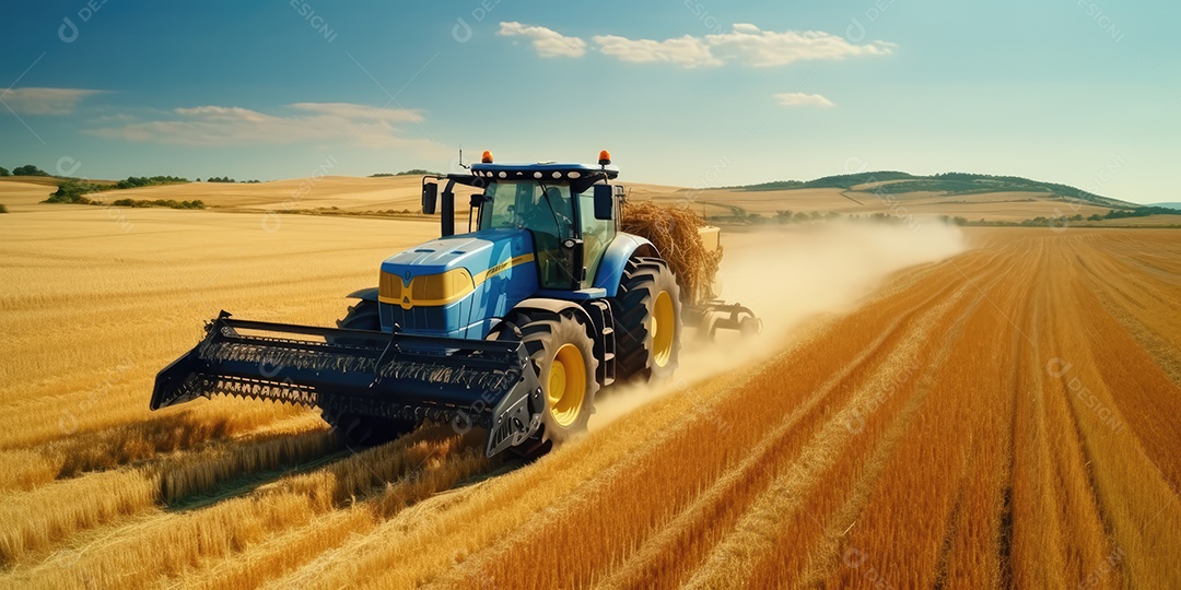 Trator rural de grande potência avançando por plantas de trigo para colheita de alta produtividade.