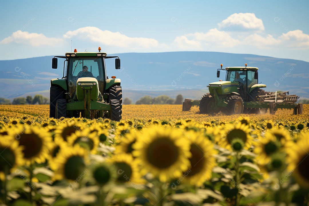 Tratores agrícolas em campos de girassóis na semeadura e colheita, garantindo a produção.