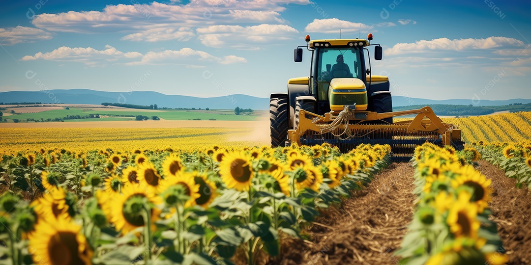 Tratores agrícolas em campos de girassóis na semeadura e colheita, garantindo a produção.