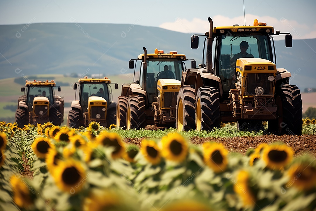 Tratores agrícolas em campos de girassóis na semeadura e colheita, garantindo a produção.