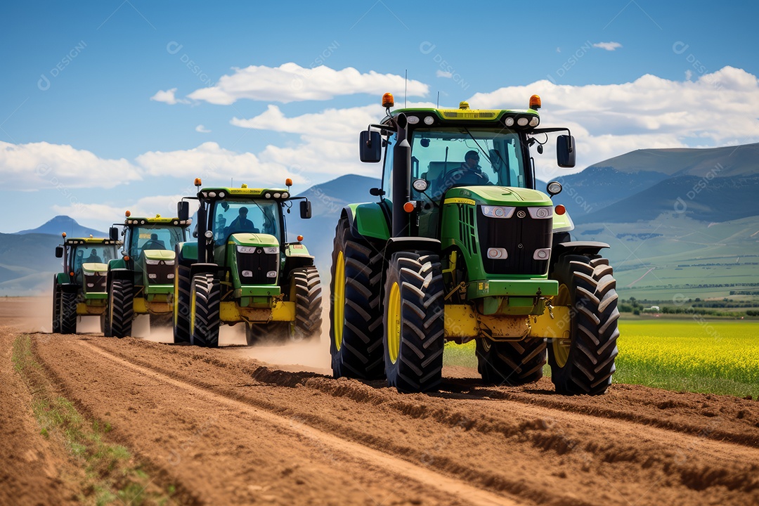 Tratores agrícolas em campos de girassóis na semeadura e colheita, garantindo a produção.
