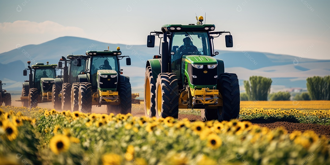 Tratores agrícolas em campos de girassóis na semeadura e colheita, garantindo a produção.