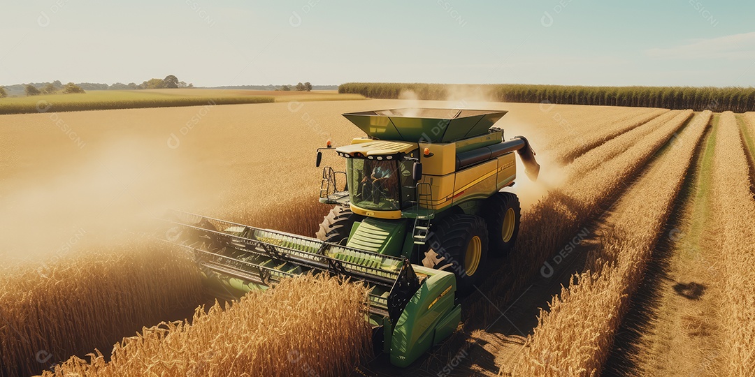 Trator rural de grande potência avançando por plantas de trigo para colheita de alta produtividade