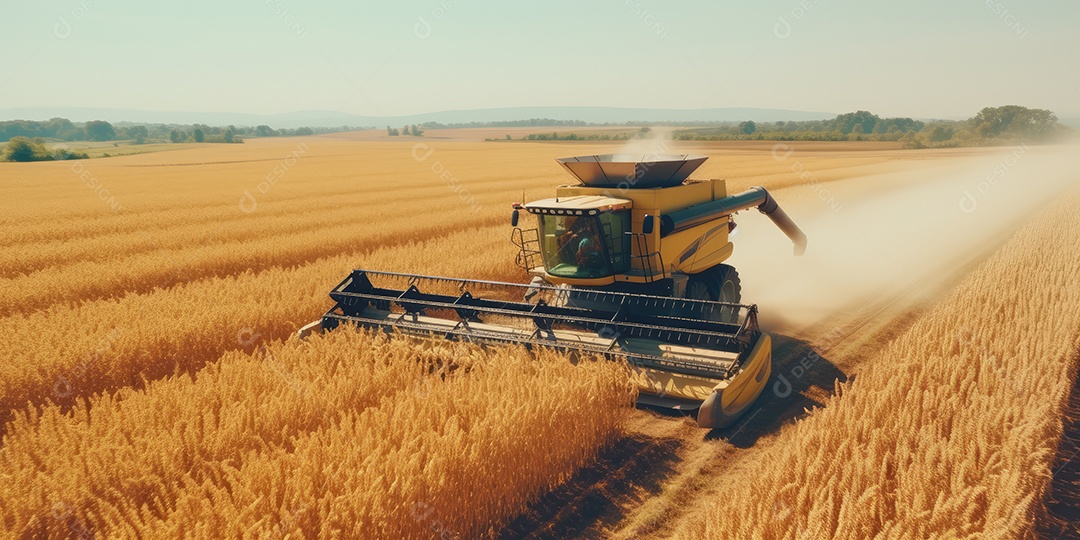 Trator rural de grande potência avançando por plantas de trigo para colheita de alta produtividade