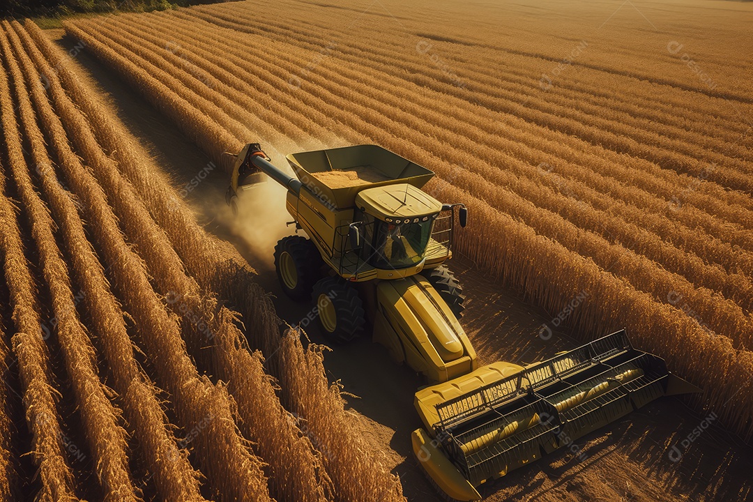 Trator rural de grande potência avançando por plantas de trigo para colheita de alta produtividade