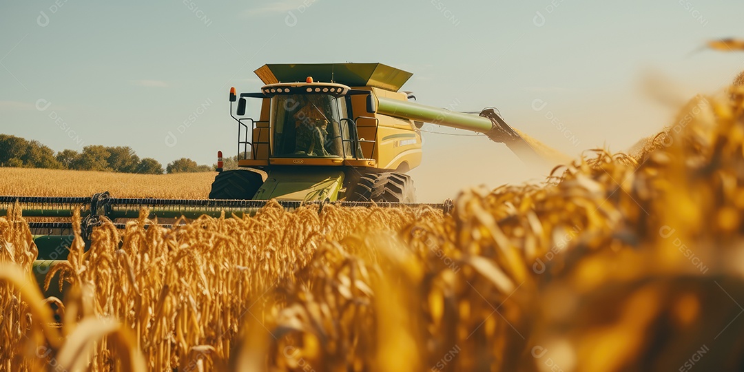 Trator rural de grande potência avançando por plantas de trigo para colheita de alta produtividade