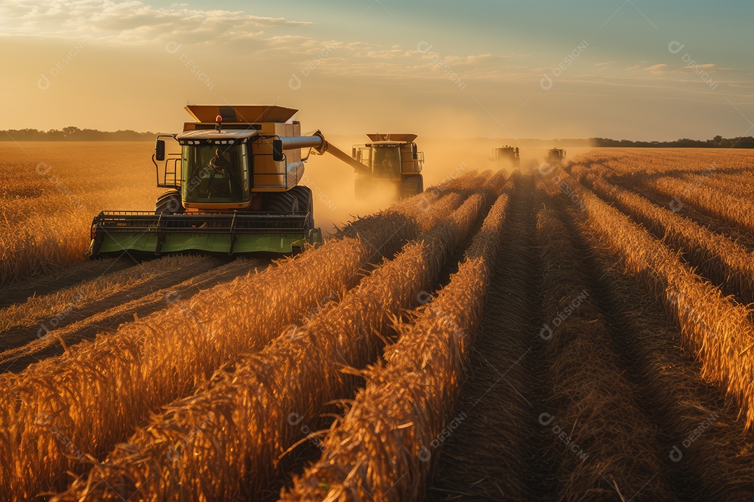 Trator rural de grande potência avançando por plantas de trigo para colheita de alta produtividade