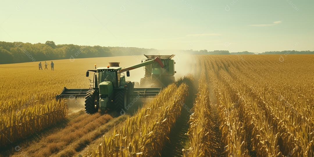 Trator rural de grande potência avançando por plantas de trigo para colheita de alta produtividade.