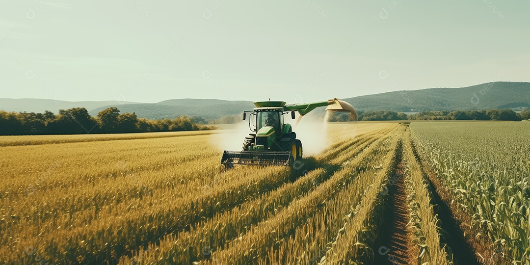 Trator rural de grande potência avançando por plantas de trigo para colheita de alta produtividade.