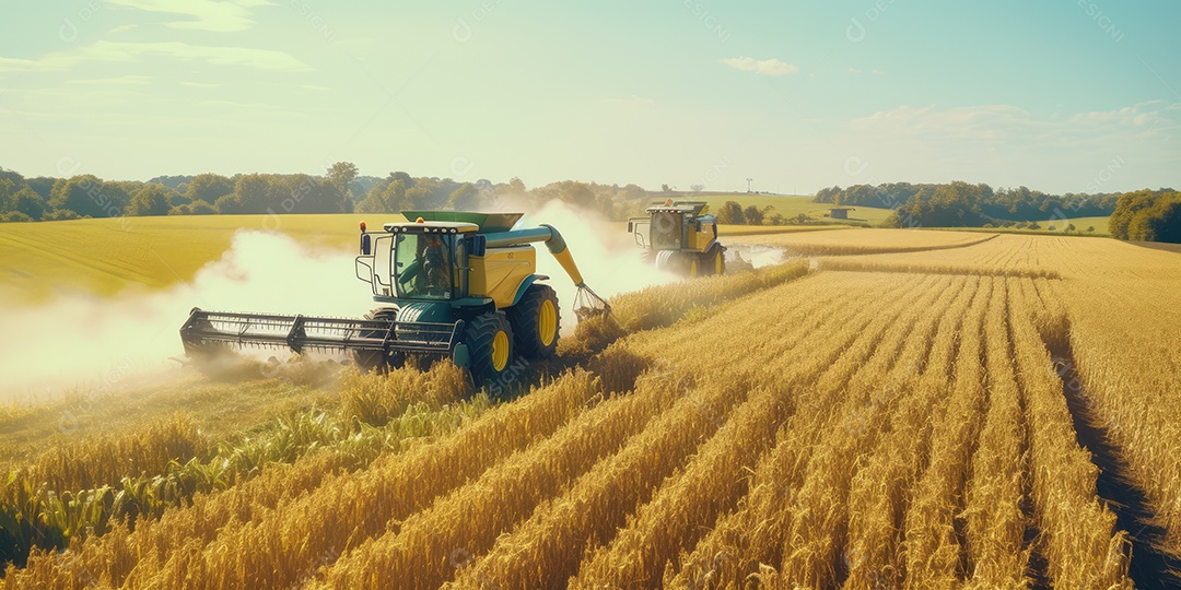 Trator rural de grande potência avançando por plantas de trigo para colheita de alta produtividade.