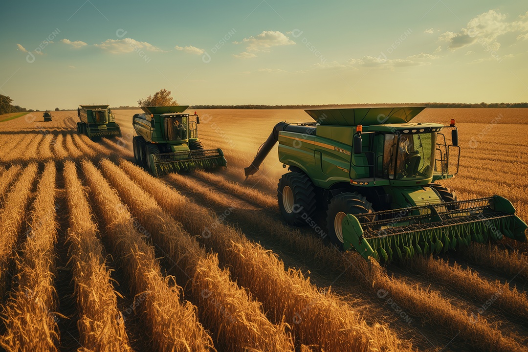 Trator rural de grande potência avançando por plantas de trigo para colheita de alta produtividade.