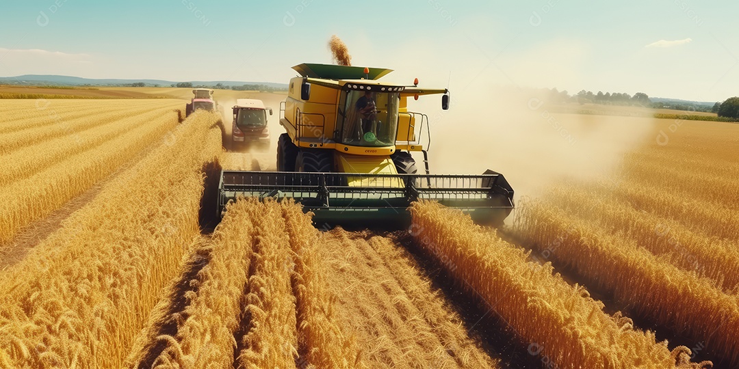 Trator rural de grande potência avançando por plantas de trigo para colheita de alta produtividade.