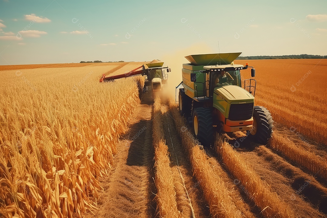 Trator rural de grande potência avançando por plantas de trigo para colheita de alta produtividade.