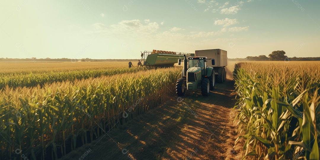 Trator rural de grande potência avançando por plantas de trigo para colheita de alta produtividade.
