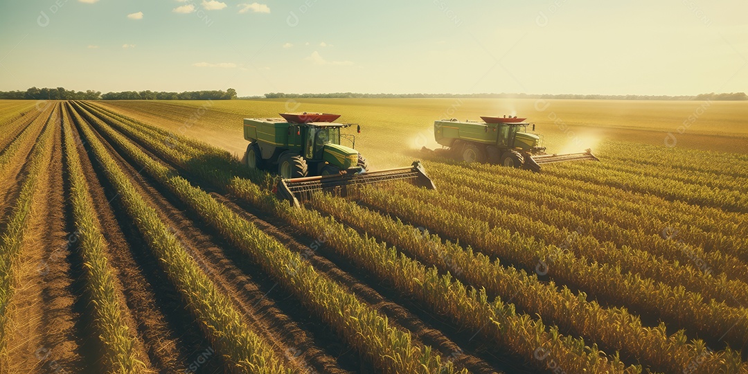 Trator rural de grande potência avançando por plantas de trigo para colheita de alta produtividade.