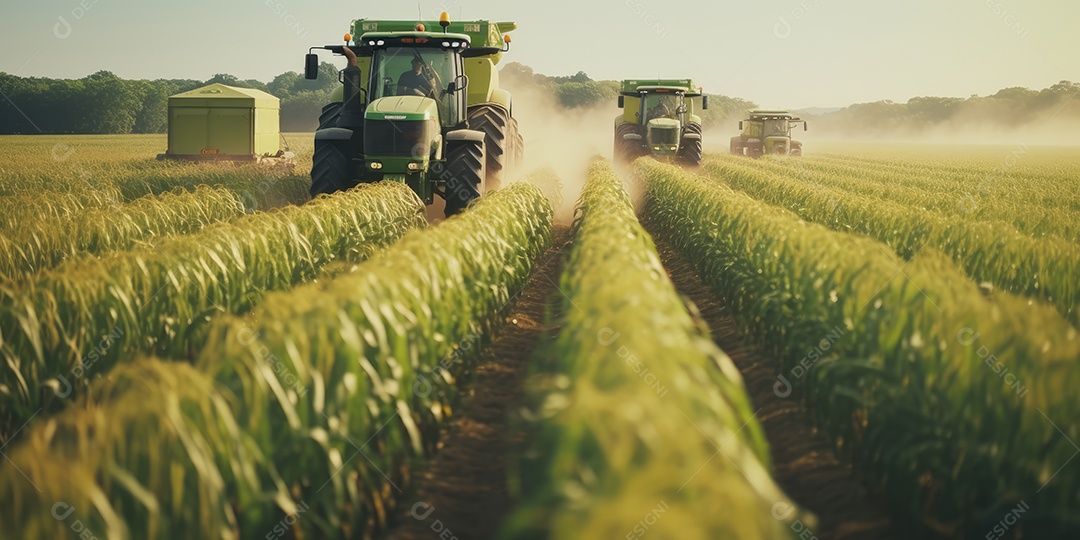Trator rural de grande potência avançando por plantas de trigo para colheita de alta produtividade.