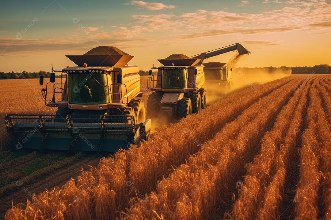 Trator rural de grande potência avançando por plantas de trigo para colheita de alta produtividade.