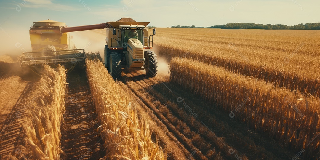 Trator rural de grande potência avançando por plantas de trigo para colheita de alta produtividade.