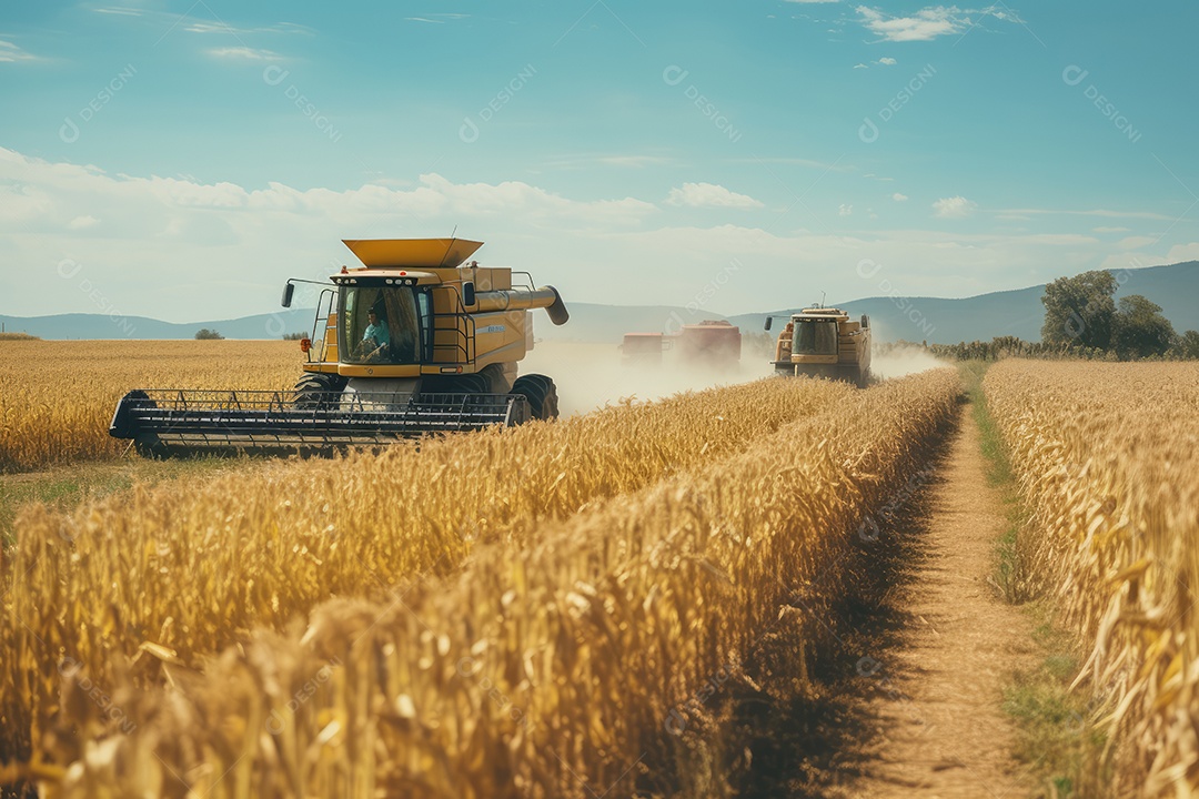 Trator rural de grande potência avançando por plantas de trigo para colheita de alta produtividade.