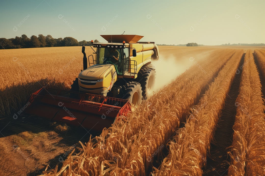 Trator rural de grande potência avançando por plantas de trigo para colheita de alta produtividade.