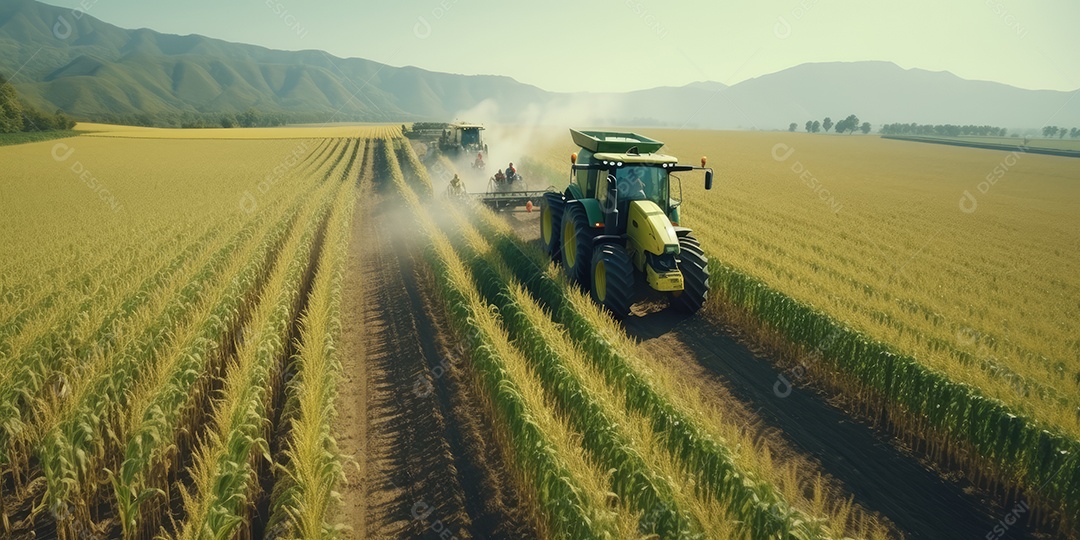 Trator rural de grande potência avançando por plantas de trigo para colheita de alta produtividade.