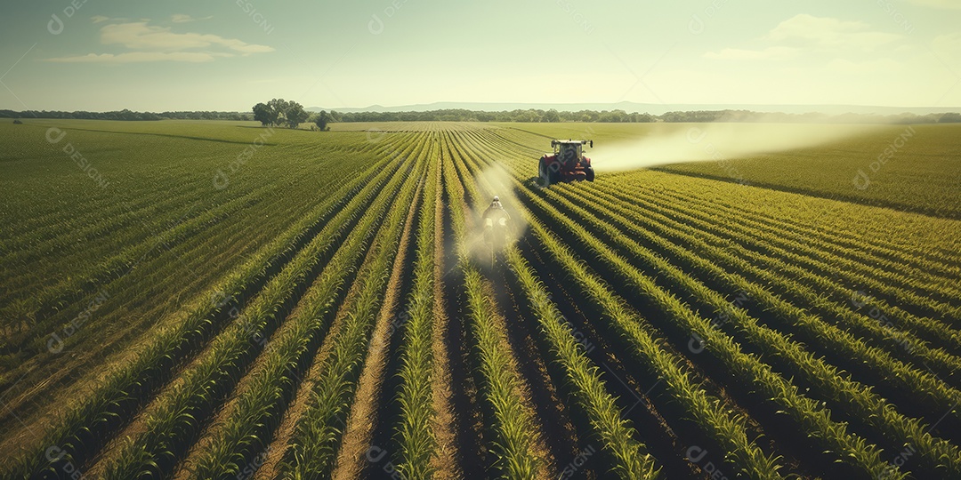 Trator rural de grande potência avançando por plantas de trigo para colheita de alta produtividade.