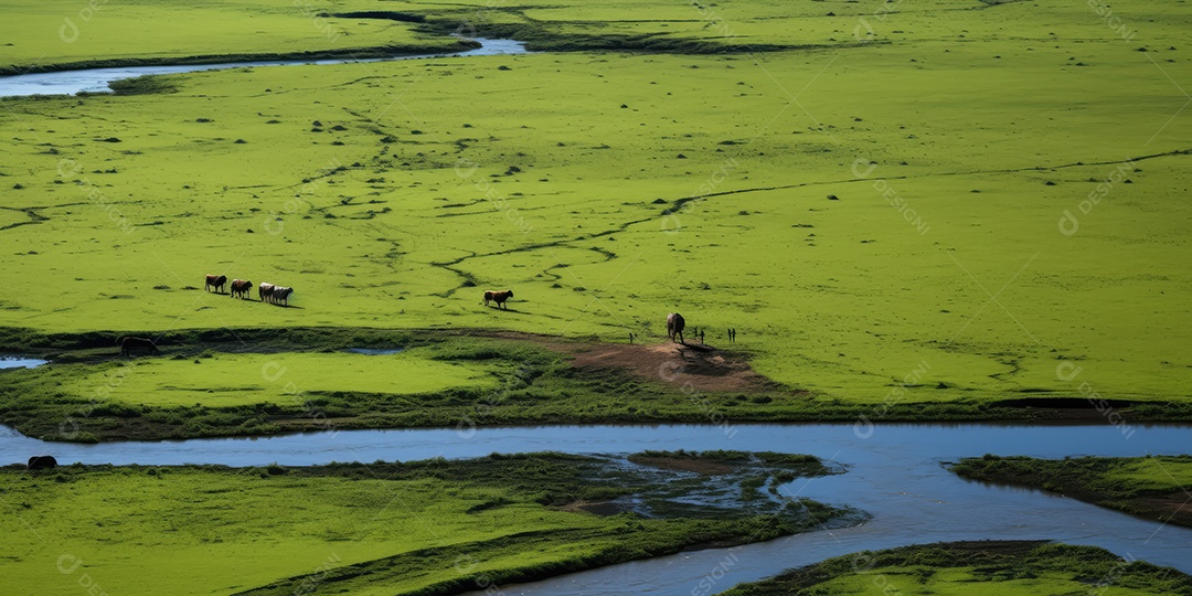 Pantanal com áreas de cultivo de algodão e milho, paisagem repleta de rios e fauna exótica.