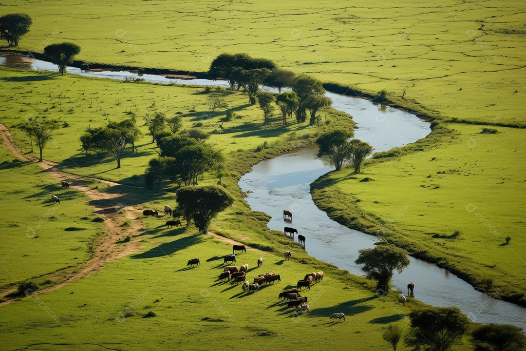 Pantanal com áreas de cultivo de algodão e milho, paisagem repleta de rios e fauna exótica.