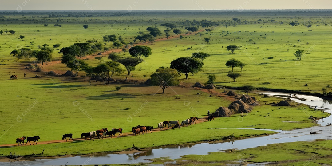 Pantanal com áreas de cultivo de algodão e milho, paisagem repleta de rios e fauna exótica.
