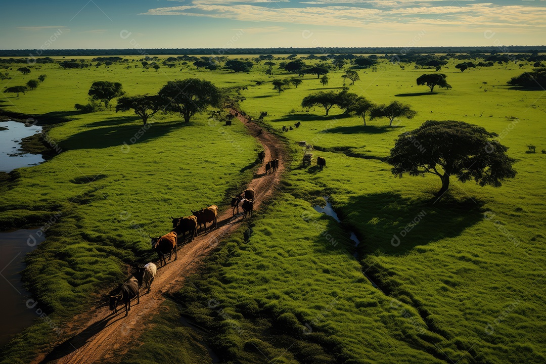 Pantanal com áreas de cultivo de algodão e milho, paisagem repleta de rios e fauna exótica.
