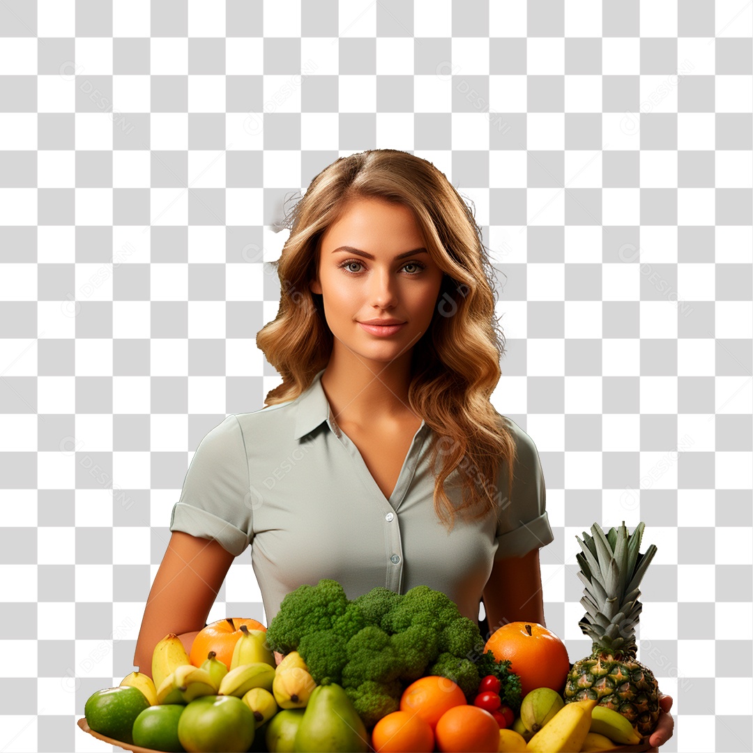 Mulher com uma Mesa de Frutas PNG Transparente