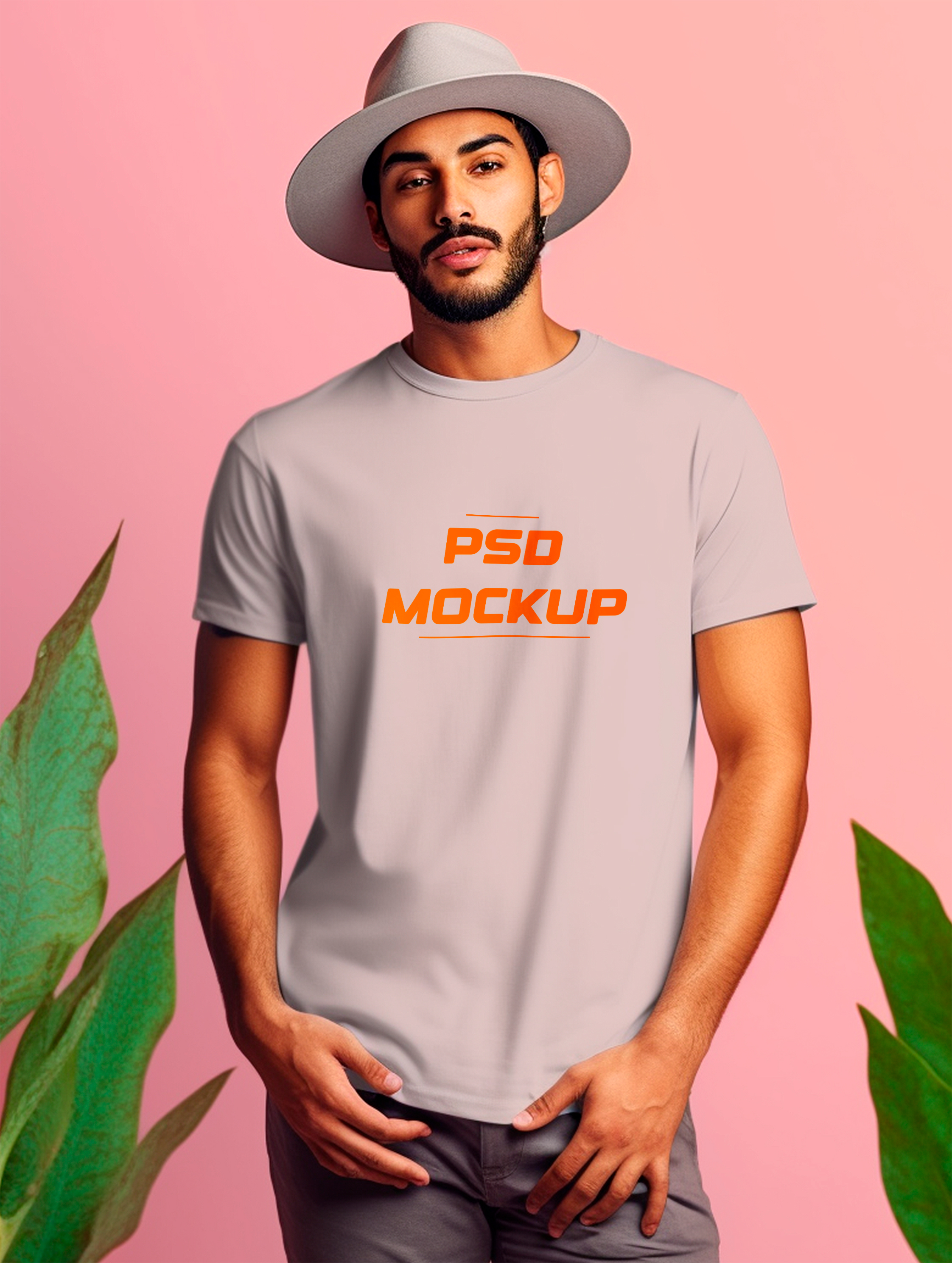 Mockup Camiseta Cinza Chapéu PSD Editável