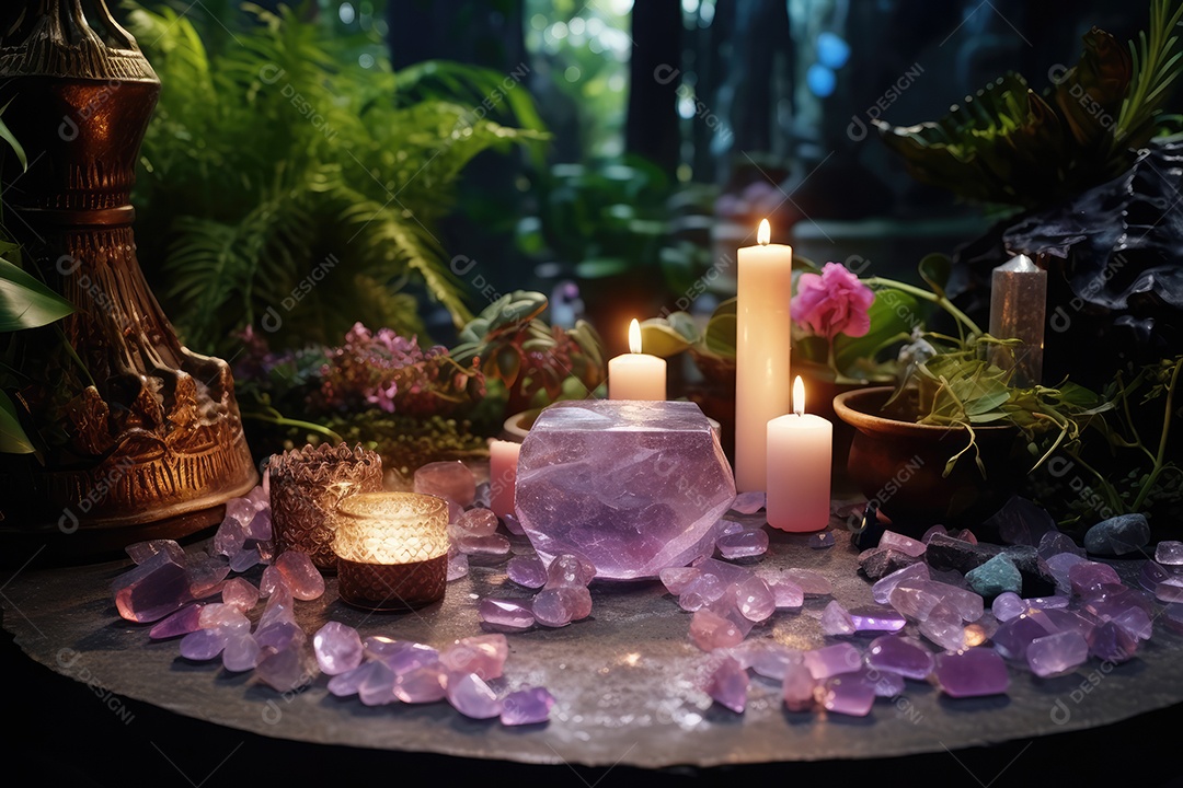 Belo altar esotérico e místico para meditação com cristais e pedras semipreciosas, Templo Zen.