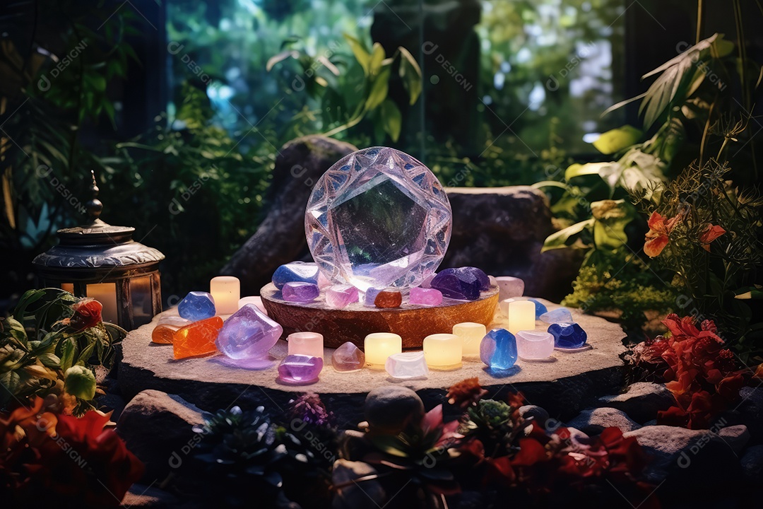 Belo altar esotérico e místico para meditação com cristais e pedras semipreciosas, Templo Zen.