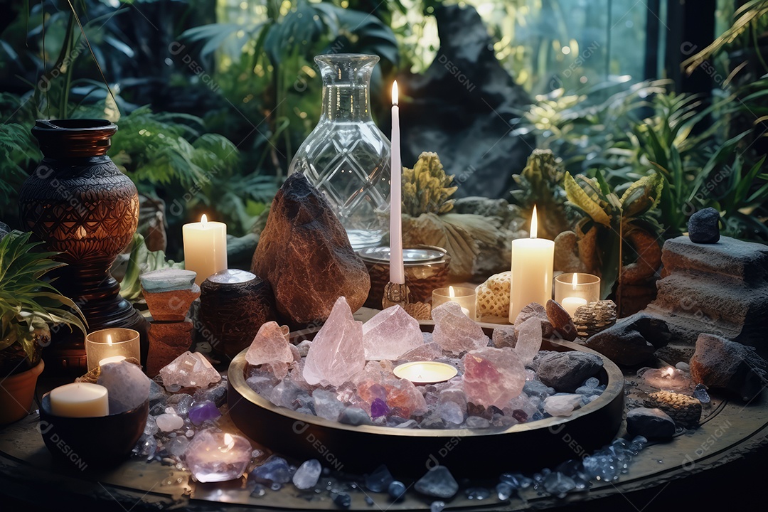 Belo altar esotérico e místico para meditação com cristais e pedras semipreciosas, Templo Zen.