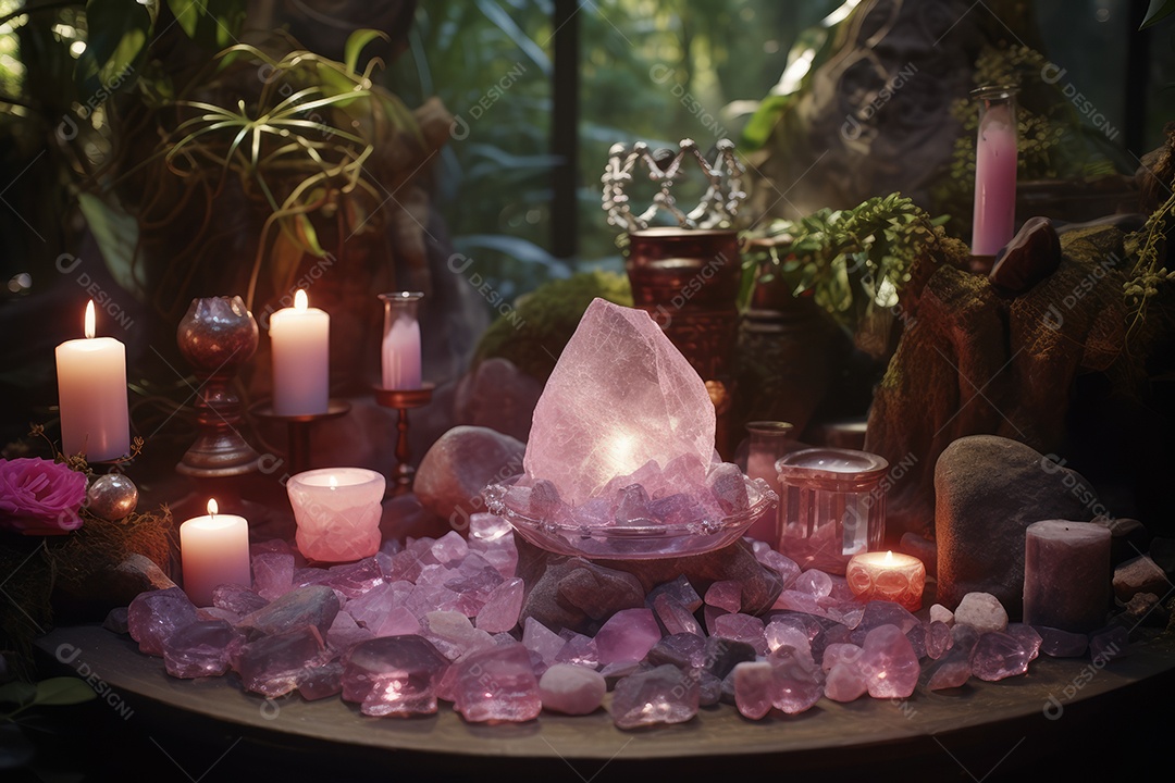 Belo altar esotérico e místico para meditação com cristais e pedras semipreciosas, Templo Zen.