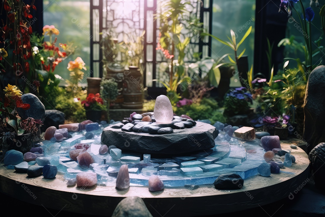 Belo altar esotérico e místico para meditação com cristais e pedras semipreciosas, Templo Zen.