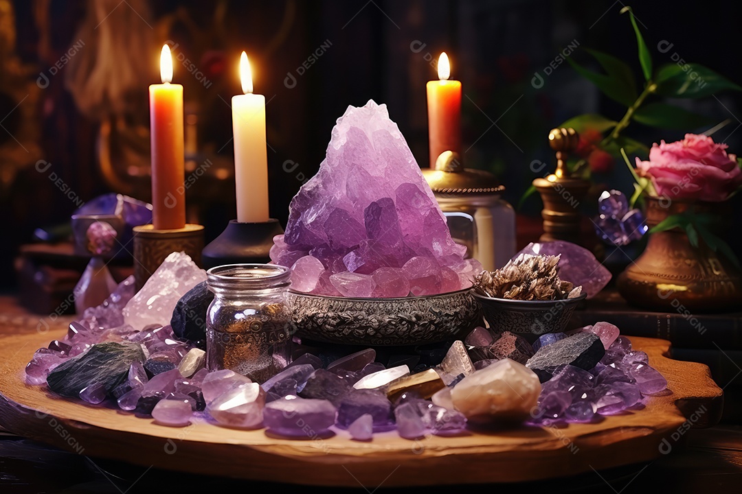 Belo altar esotérico e místico para meditação com cristais e pedras semipreciosas, Templo Zen.