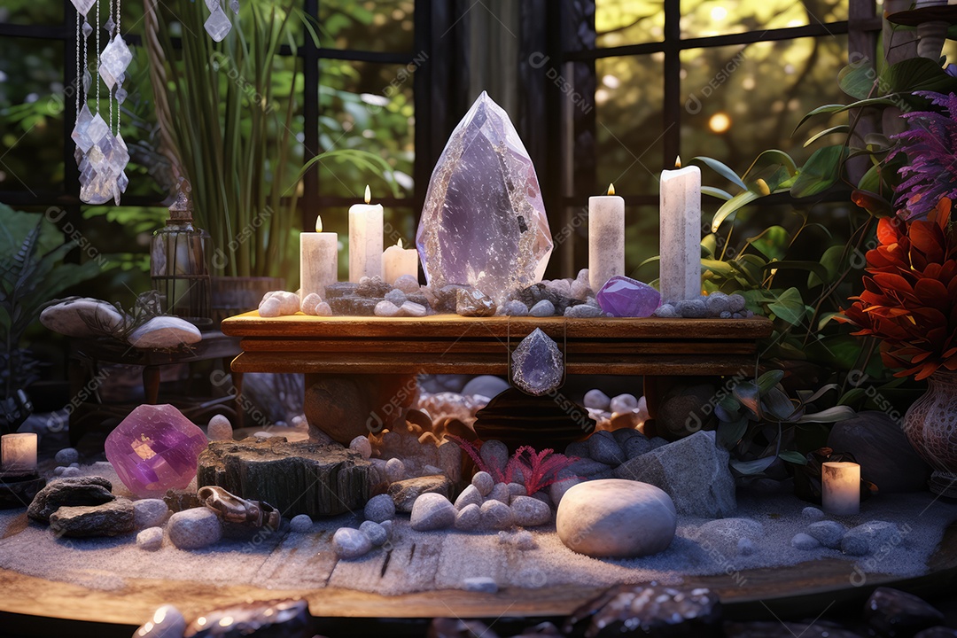 Belo altar esotérico e místico para meditação com cristais e pedras semipreciosas, Templo Zen.
