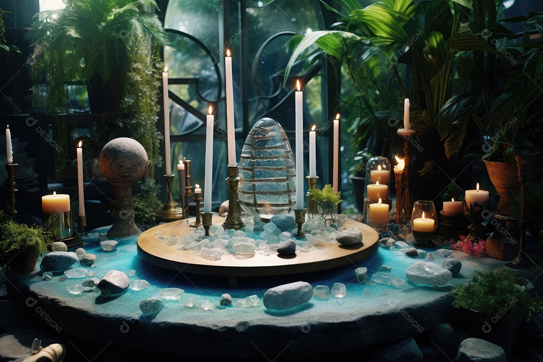 Belo altar esotérico e místico para meditação com cristais e pedras semipreciosas, Templo Zen.