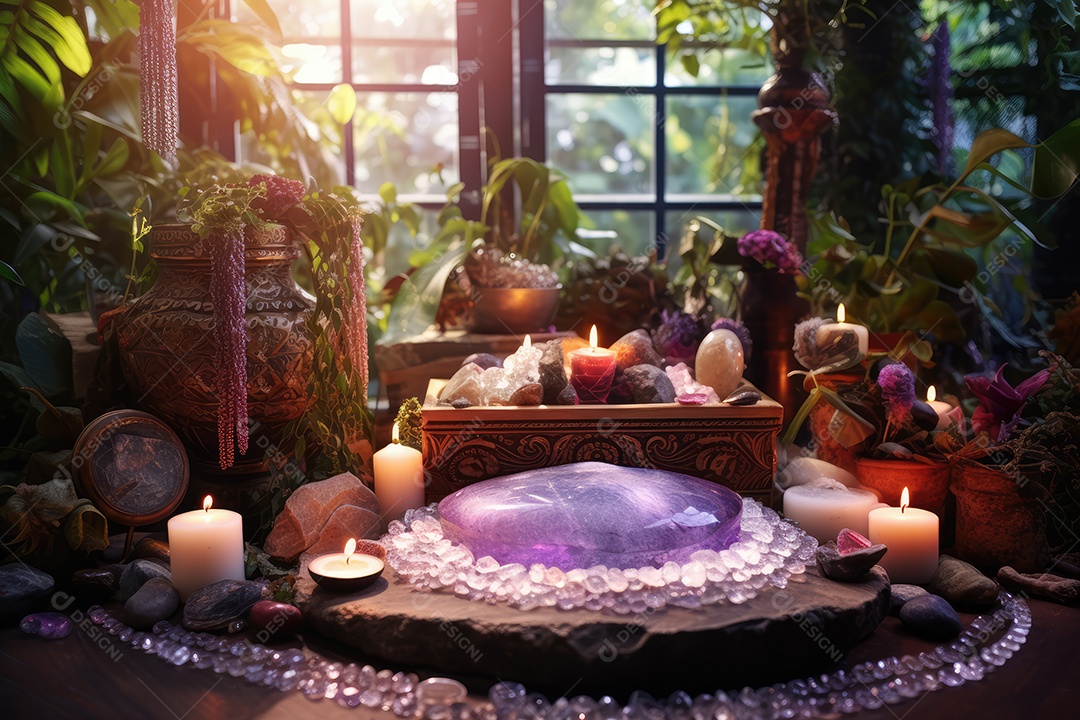 Belo altar esotérico e místico para meditação com cristais e pedras semipreciosas, Templo Zen.