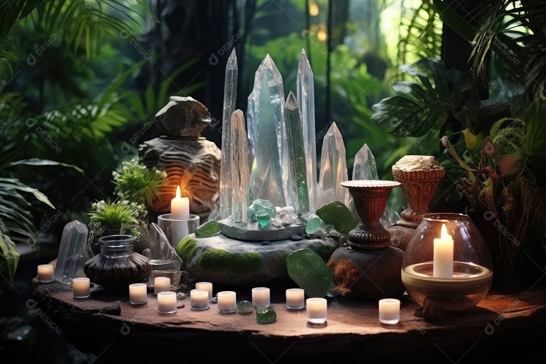 Belo altar esotérico e místico para meditação com cristais e pedras semipreciosas, Templo Zen.
