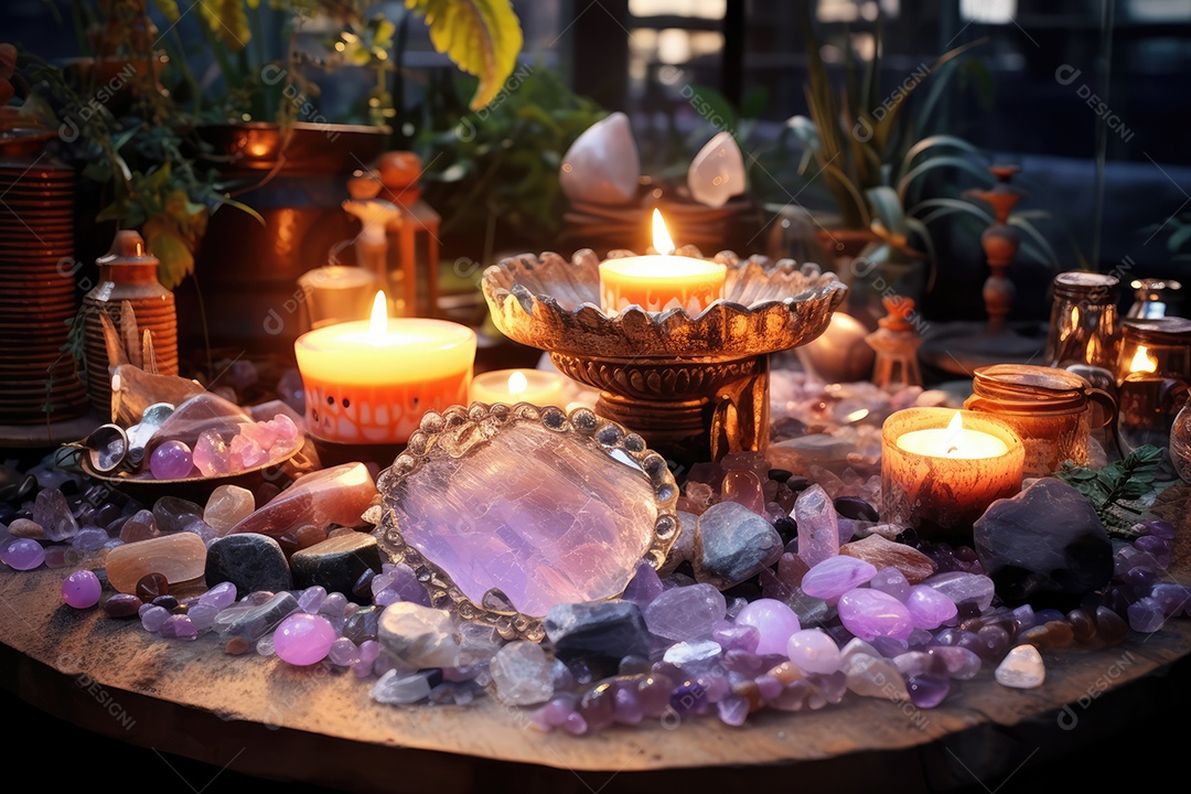 Belo altar esotérico e místico para meditação com cristais e pedras semipreciosas, Templo Zen.